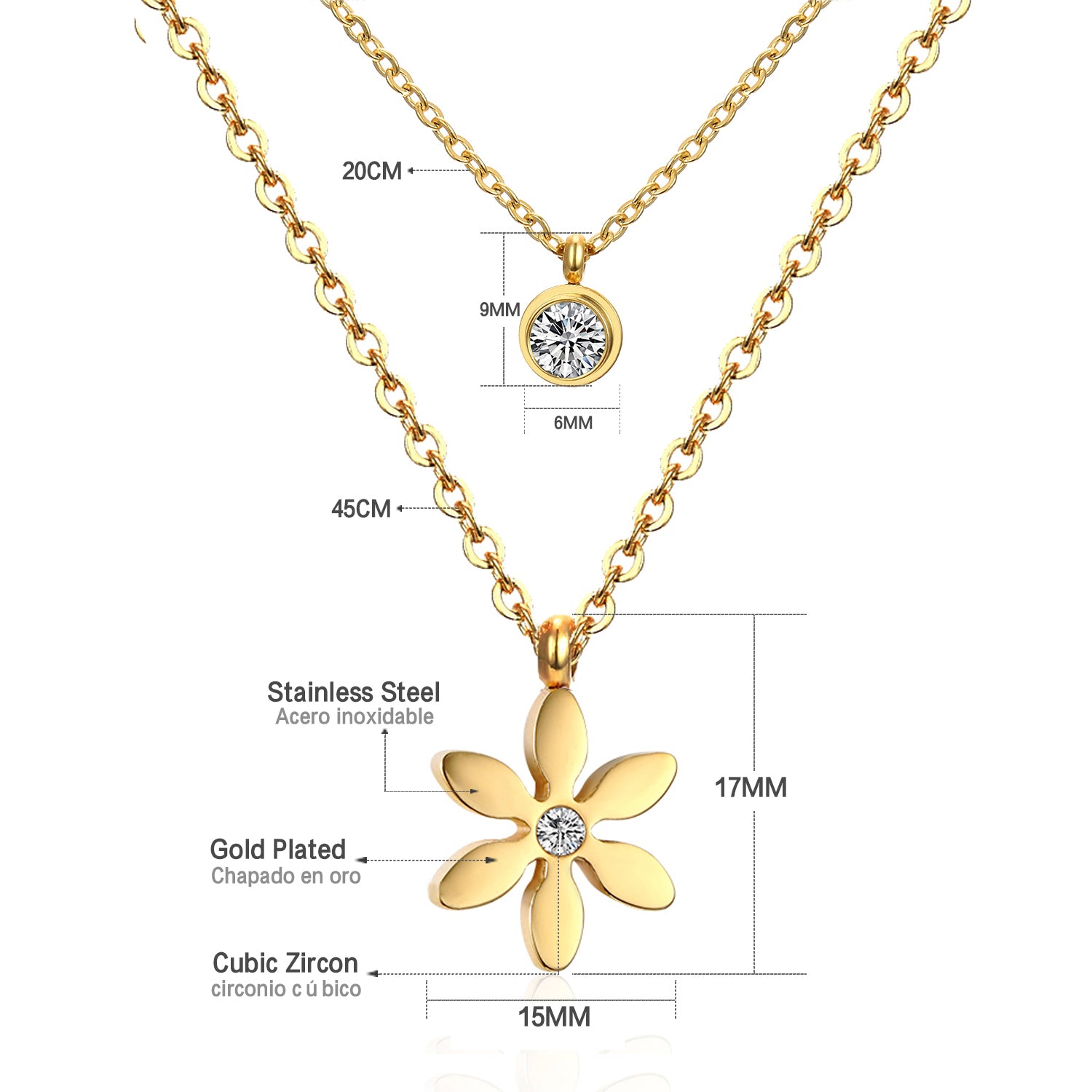 Double Layered Solitaire Crystal and Flower Necklace