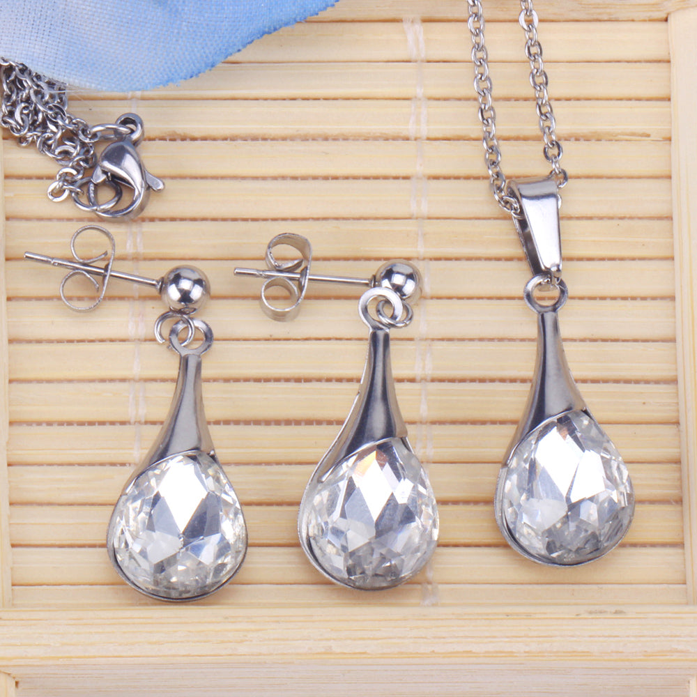Silver-Toned Teardrop Cubic Zirconia Jewelry Set