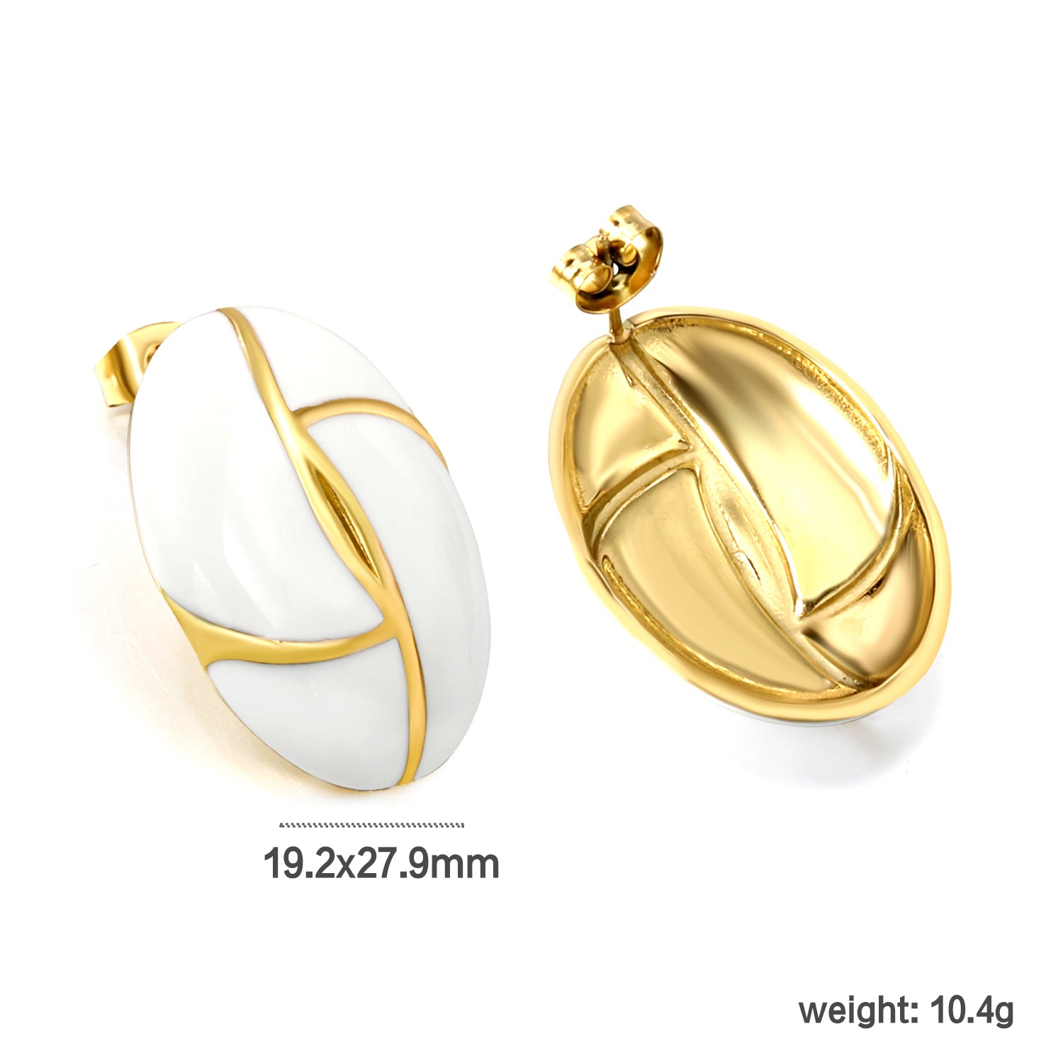 Gold-Trimmed White Enamel Oval Leaf Stud Earrings