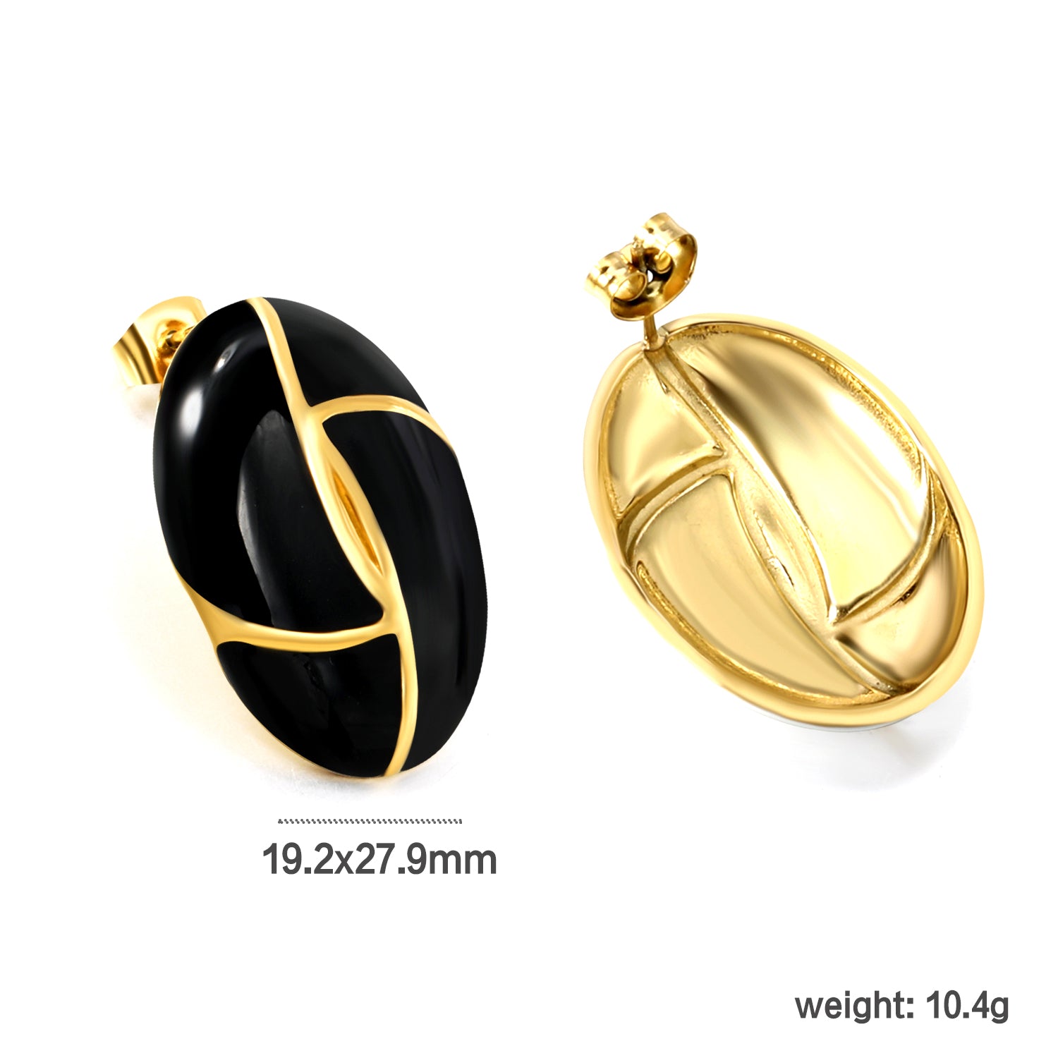 Gold-Trimmed Black Enamel Oval Leaf Stud Earrings
