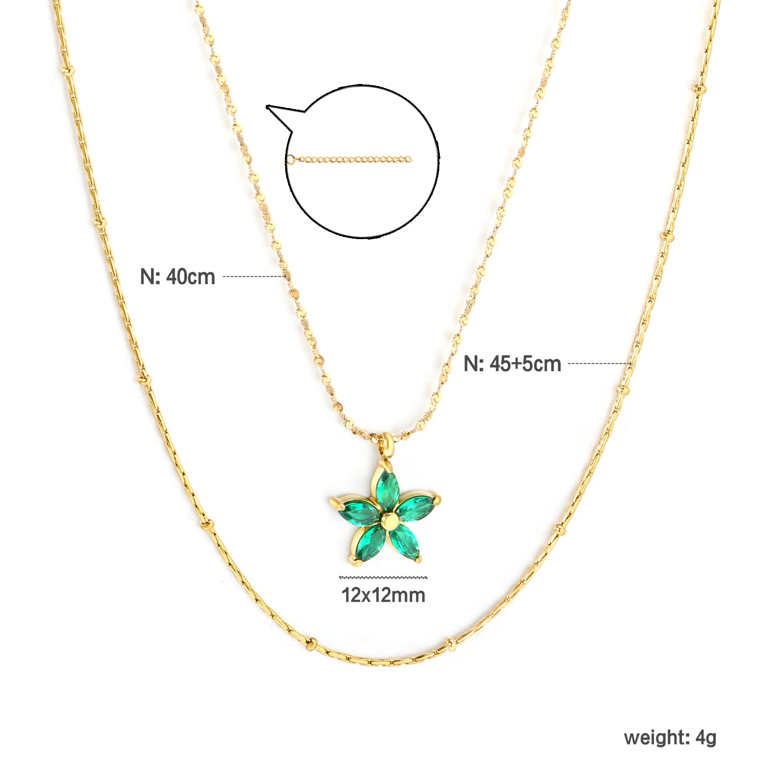 Double Layered Necklace with Green Crystal Flower Pendant