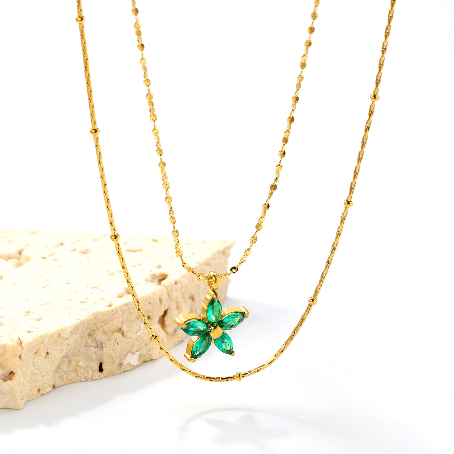 Double Layered Necklace with Green Crystal Flower Pendant