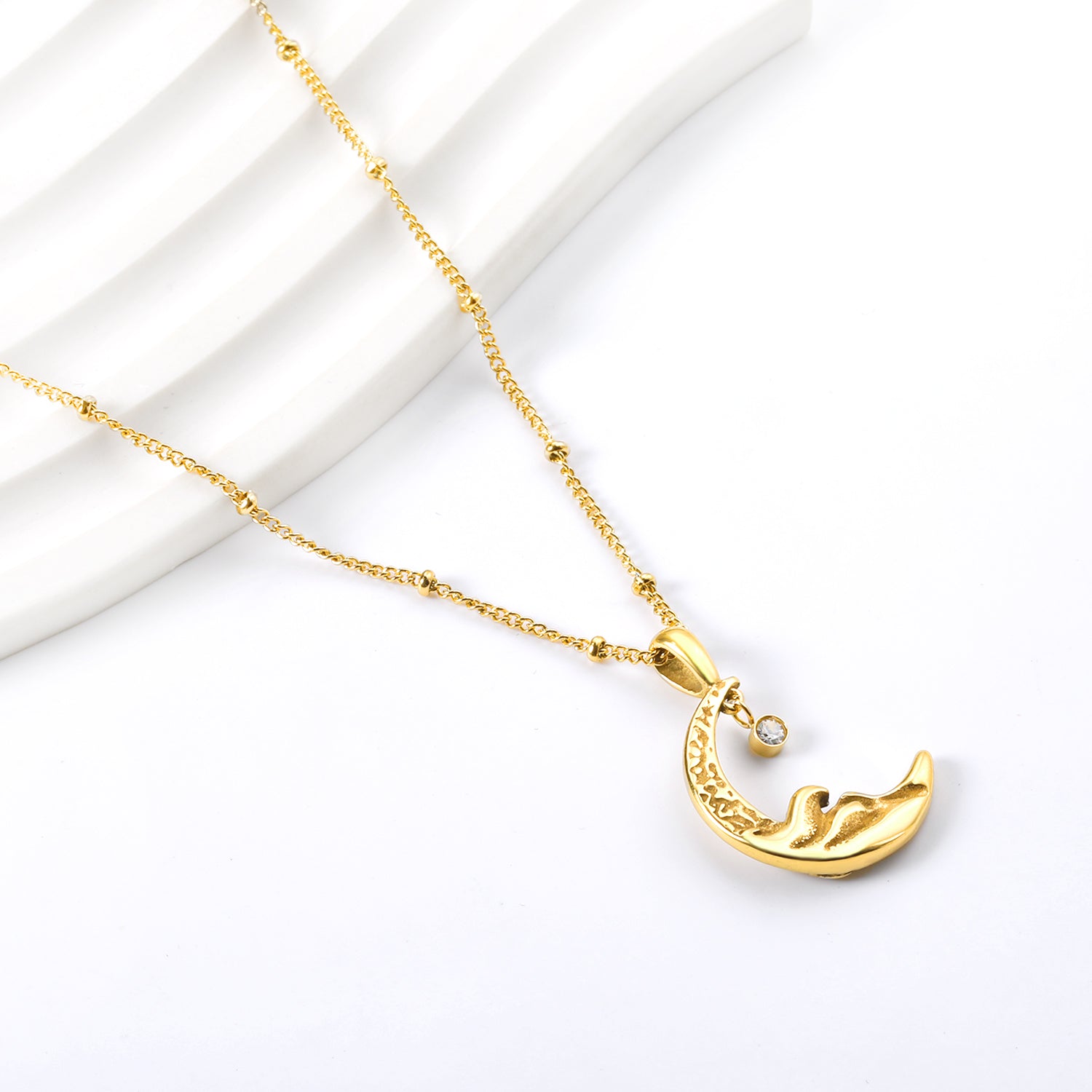 Textured Crescent Moon Pendant Necklace with Crystal Charm