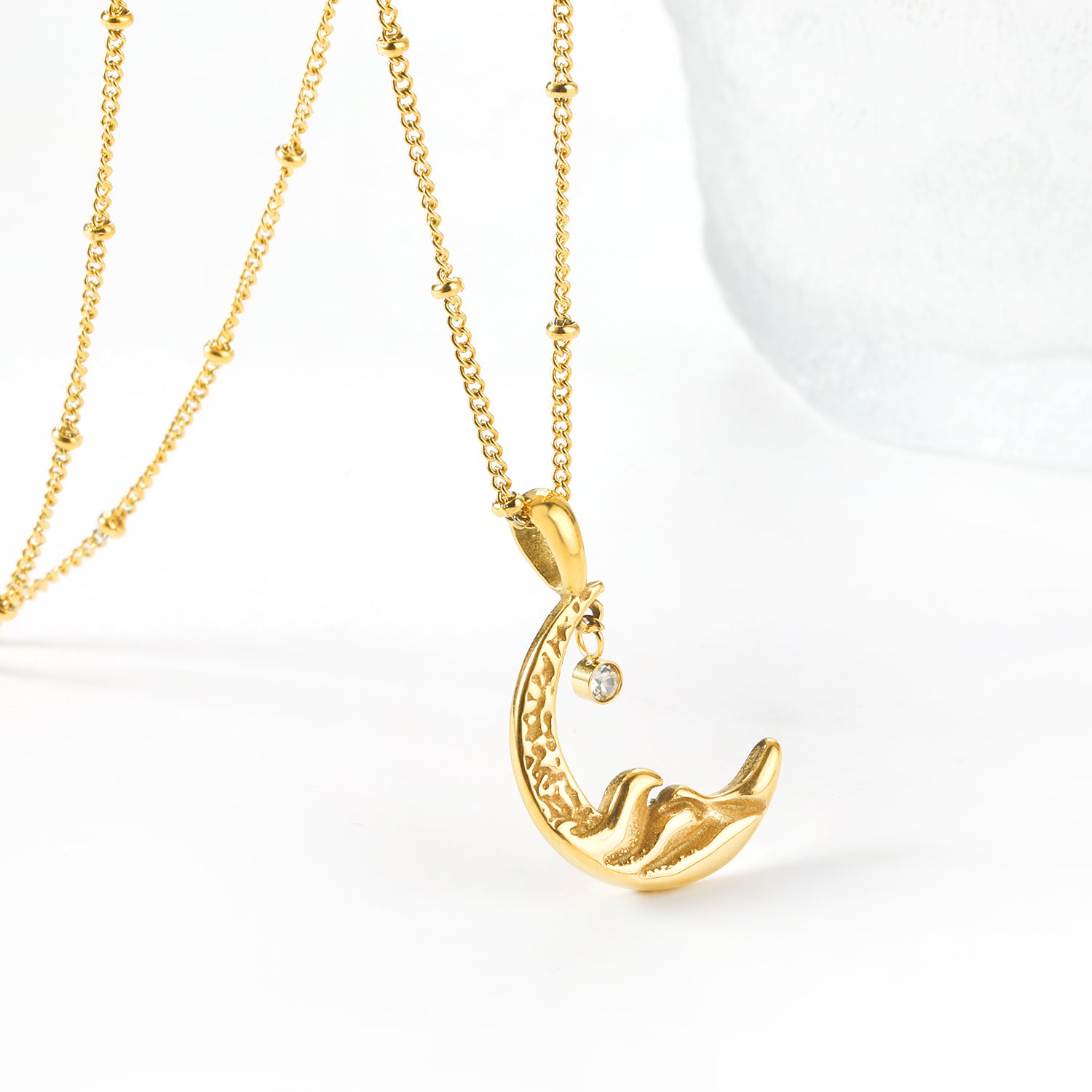 Textured Crescent Moon Pendant Necklace with Crystal Charm