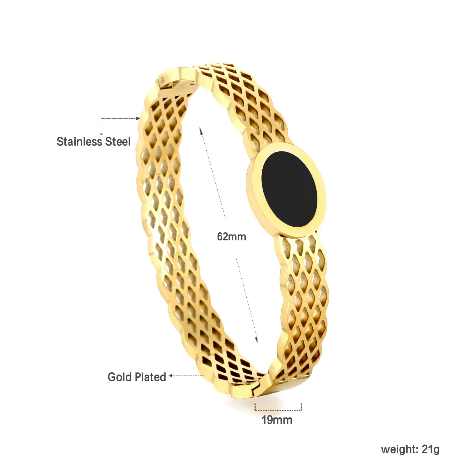 Gold-Plated Lattice Bangle with Black Enamel Disc