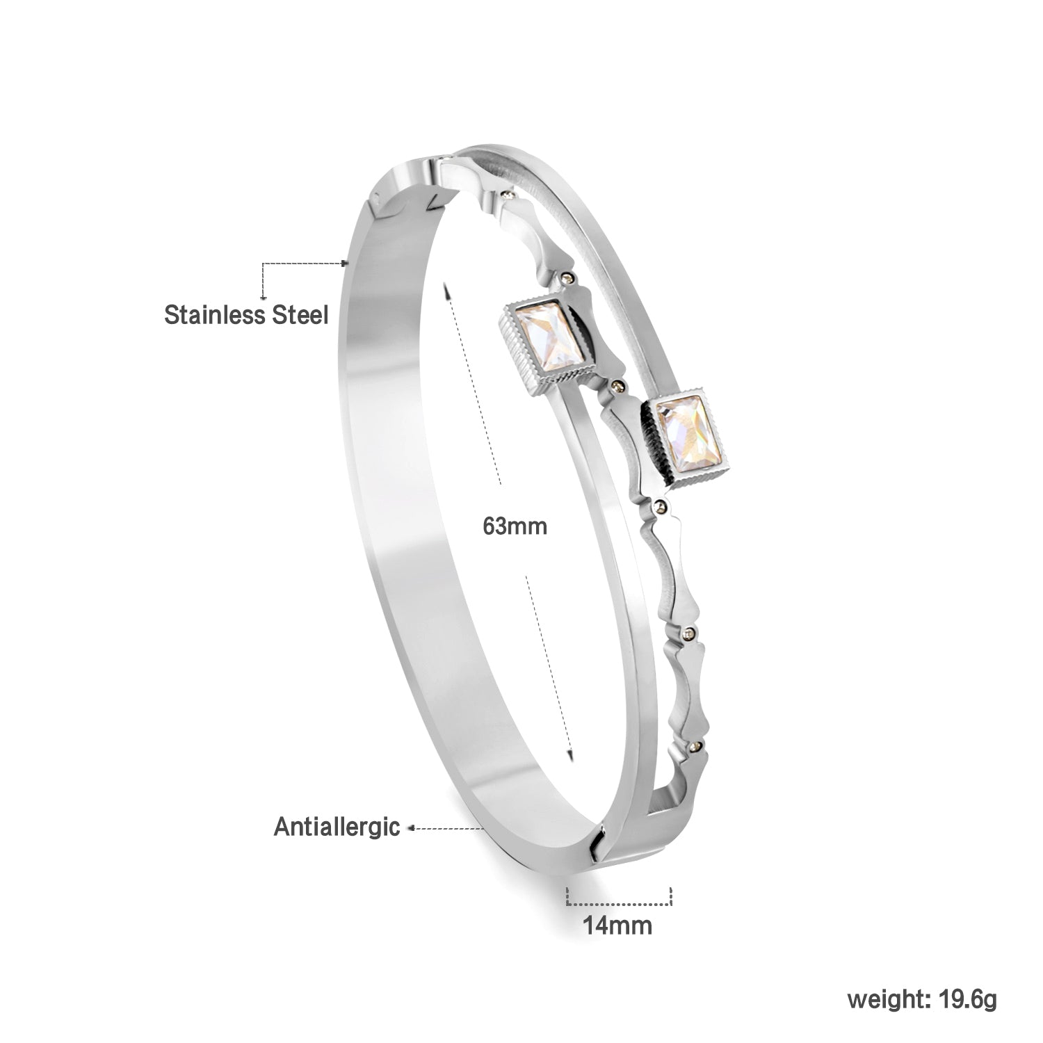 Silver Stainless Steel Dual-Band Bangle with Baguette Crystals