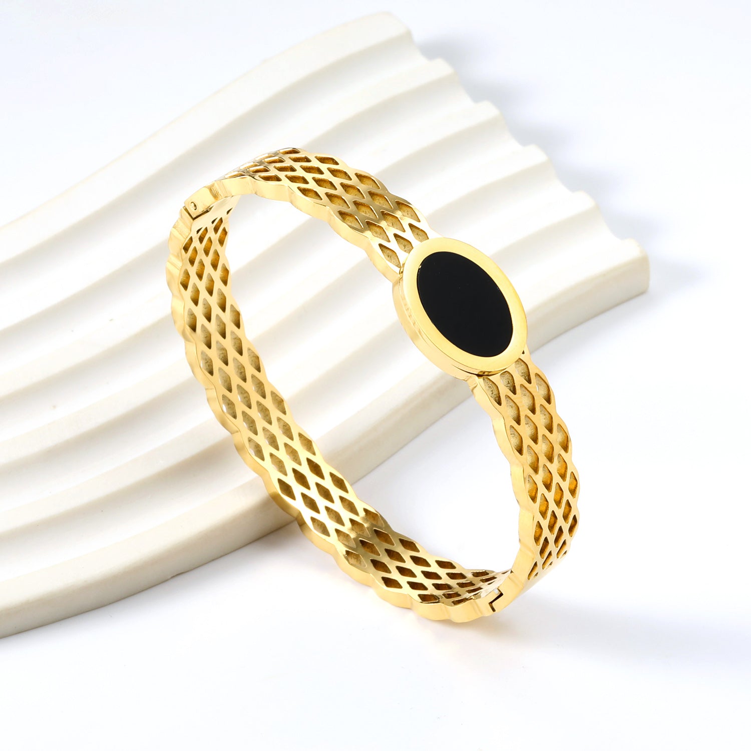 Gold-Plated Lattice Bangle with Black Enamel Disc