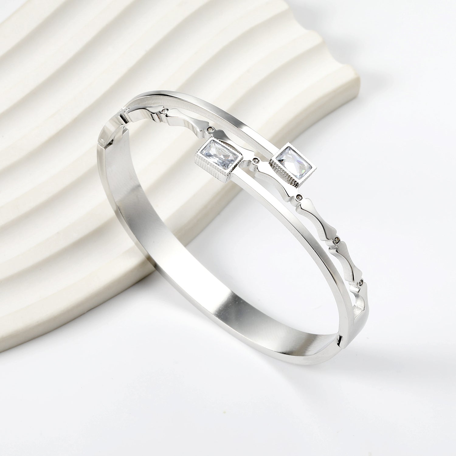 Silver Stainless Steel Dual-Band Bangle with Baguette Crystals