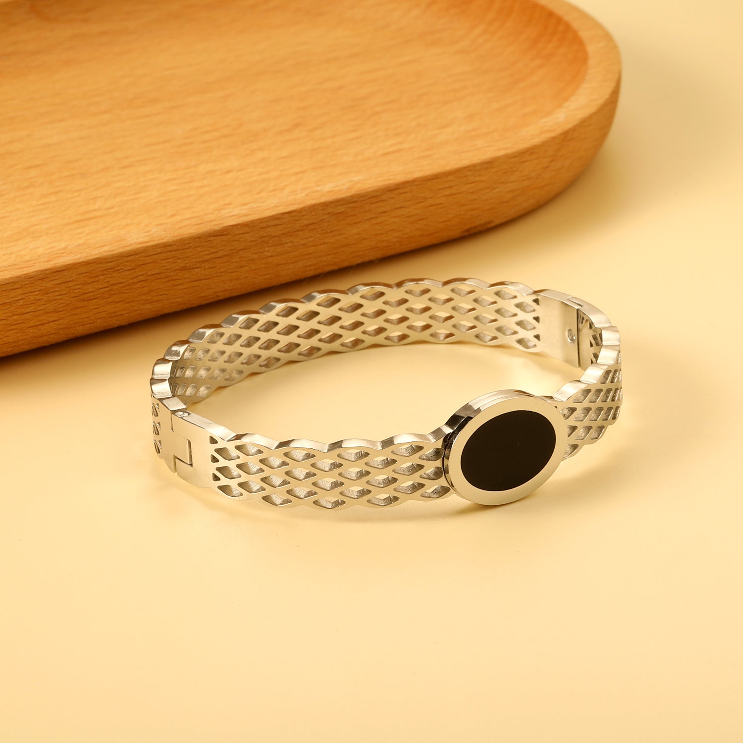 Silver Lattice Bangle with Black Enamel Centerpiece