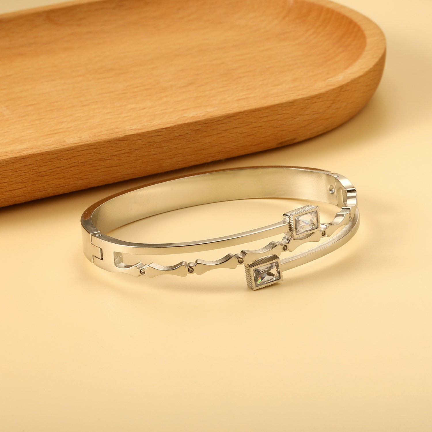 Silver Stainless Steel Dual-Band Bangle with Baguette Crystals