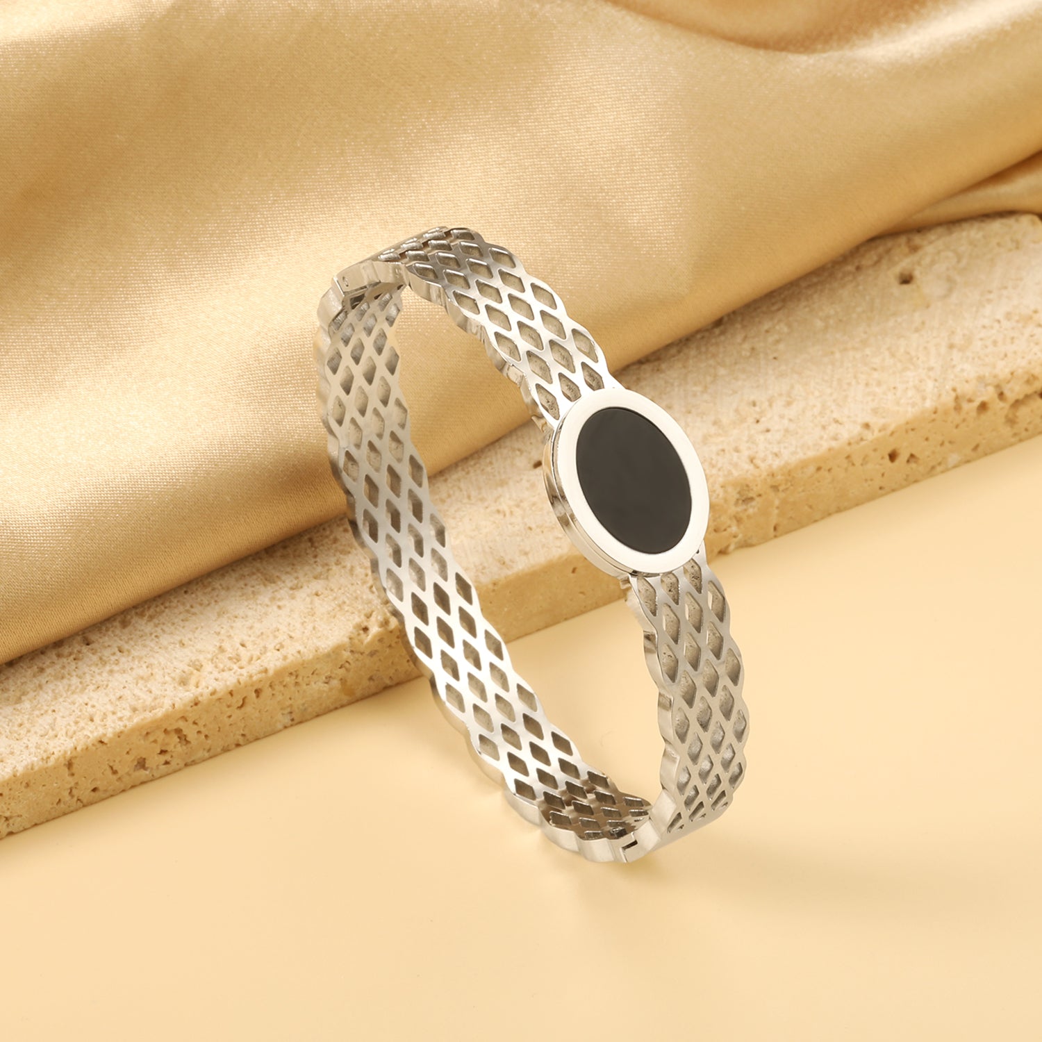 Silver Lattice Bangle with Black Enamel Centerpiece