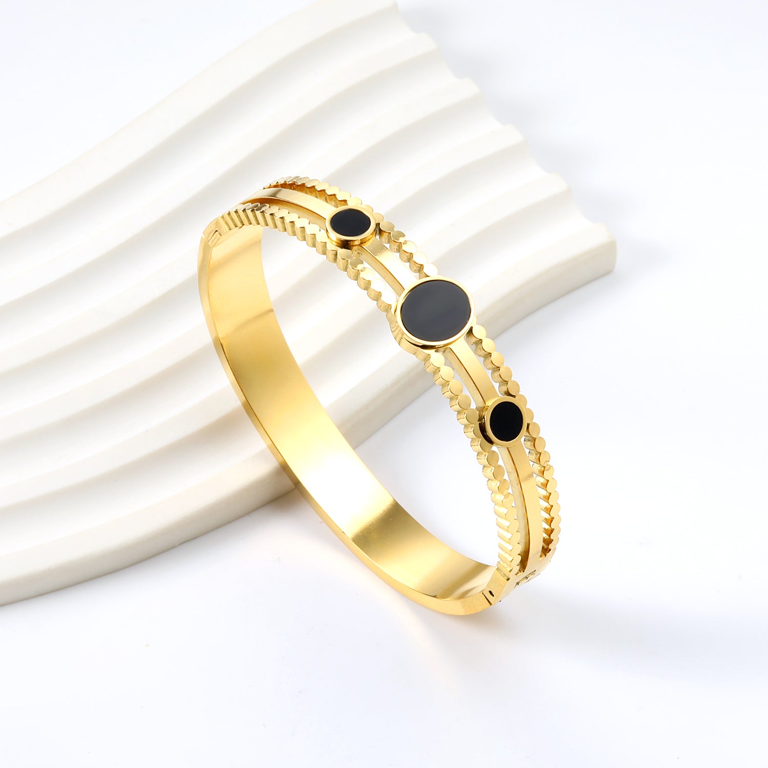 Beaded Bangle with Triple Black Enamel Accents