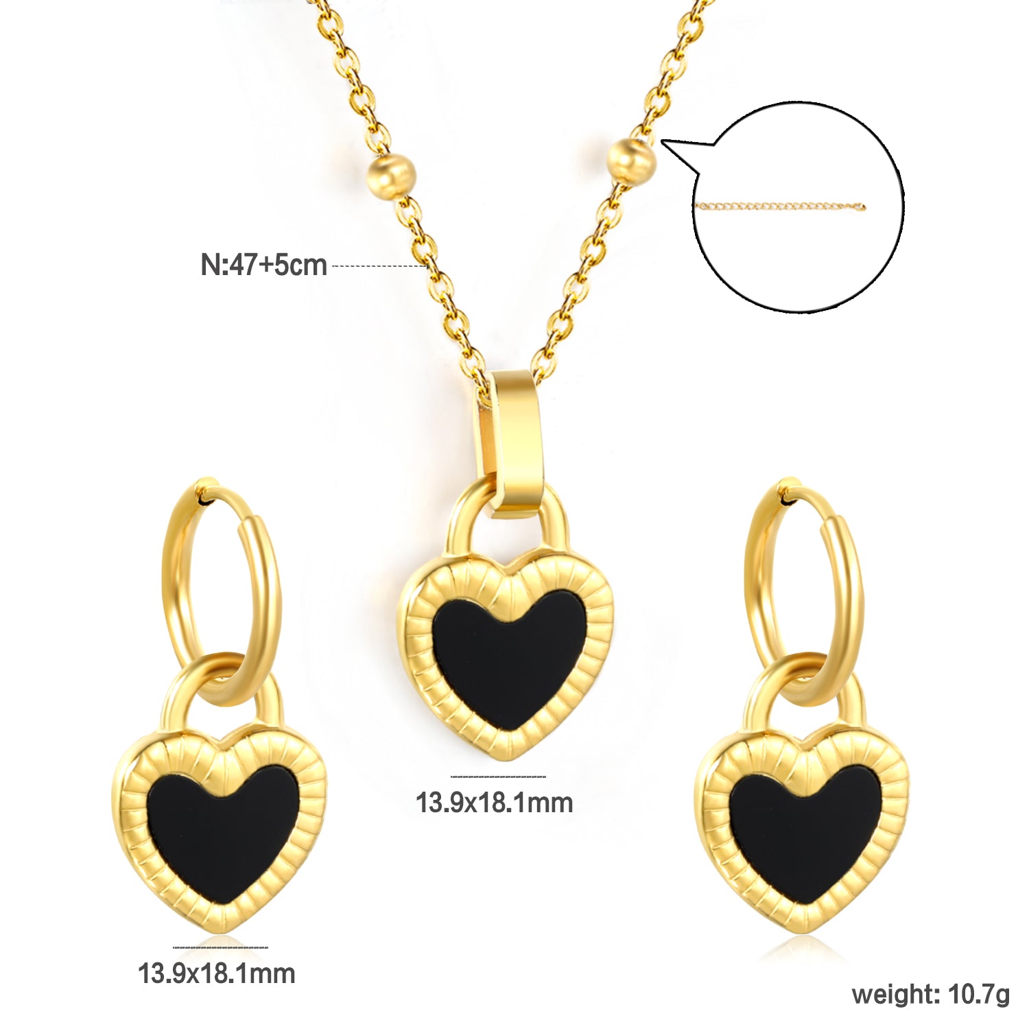 Black Enamel Heart Jewelry Set with Satellite Chain