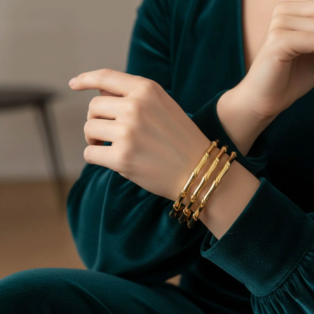Triple-Row Bamboo Motif Statement Cuff