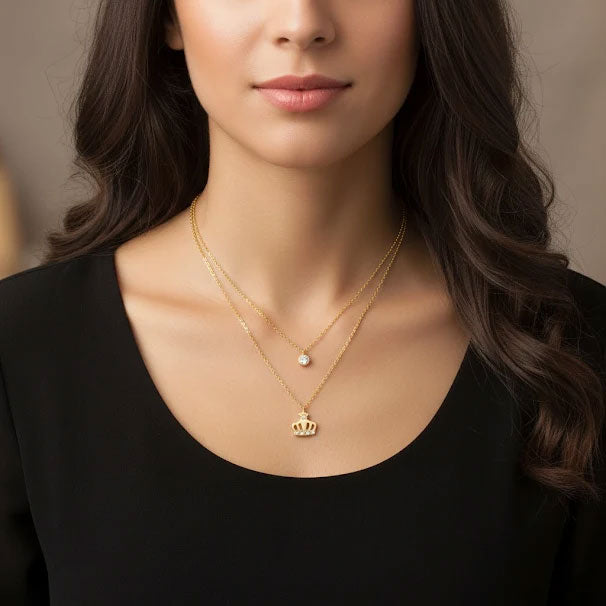 Layered Solitaire Crystal and Crown Necklace