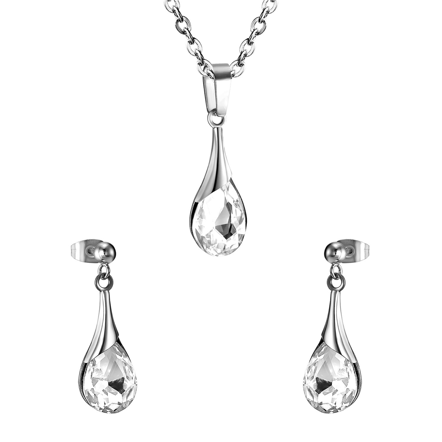 Silver-Toned Teardrop Cubic Zirconia Jewelry Set