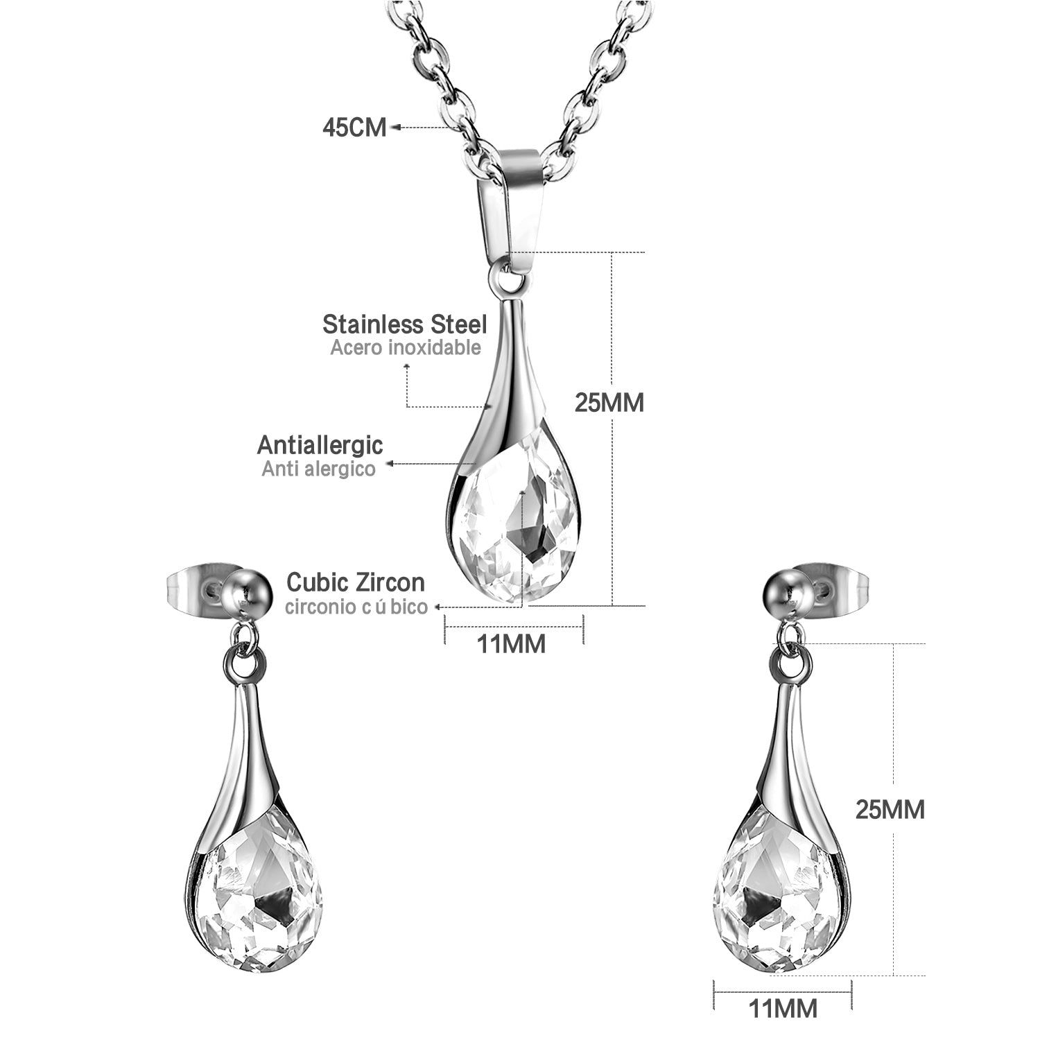 Silver-Toned Teardrop Cubic Zirconia Jewelry Set