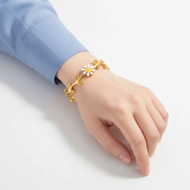 Gold Floral Vine Cuff Bracelet with Enamel Daisy and Crystal