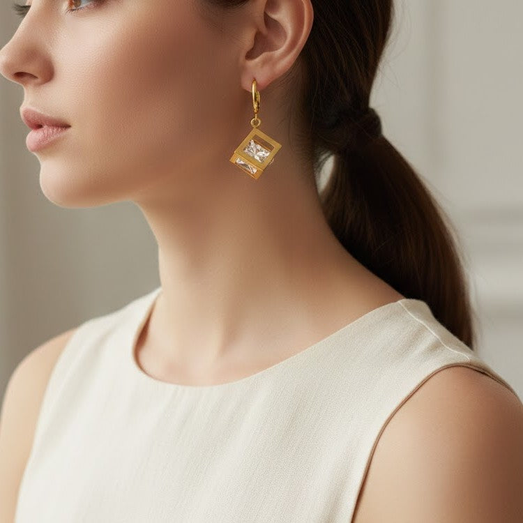 Geometric Cube Drop Earrings with Floating Crystal