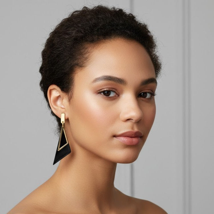 Asymmetric Triangle Drop Earrings in Black & Gold