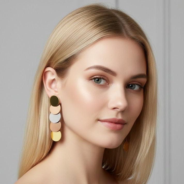 Multi-Tone Geometric Disc Cascade Drop Earrings