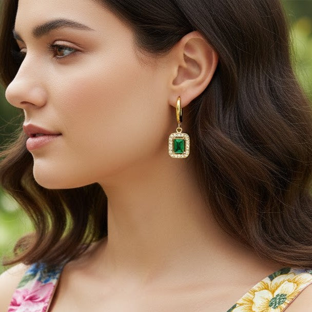 Emerald Green Crystal Halo Drop Earrings