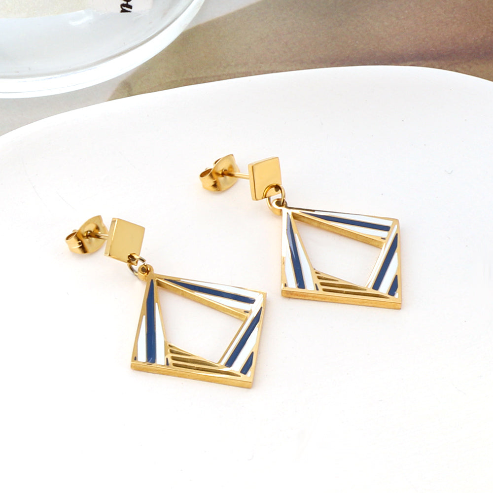 Geometric Rhombus Drop Earrings with Blue & White Enamel