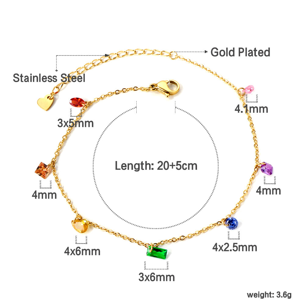 Rainbow Gemstone Dainty Gold Anklet