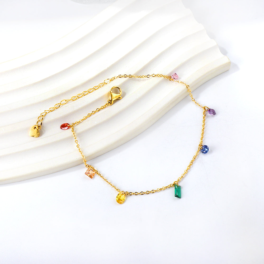 Rainbow Gemstone Dainty Gold Anklet
