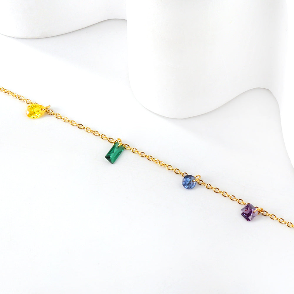 Rainbow Gemstone Dainty Gold Anklet