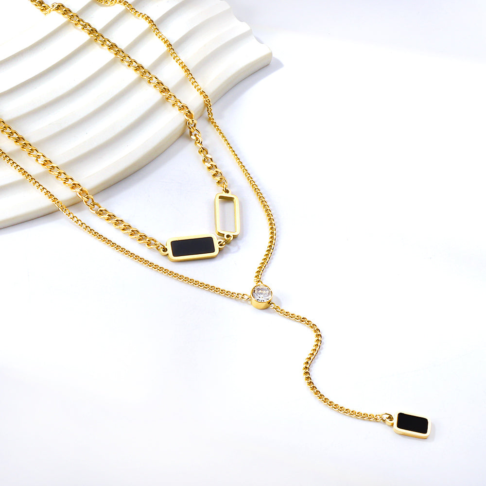Layered Y-Necklace with Black Enamel Rectangles