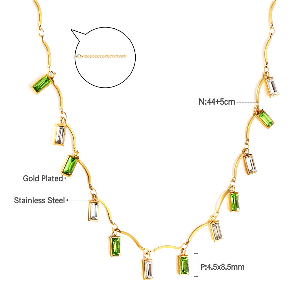 Wavy Vine Necklace with Green and Clear Baguette Crystals