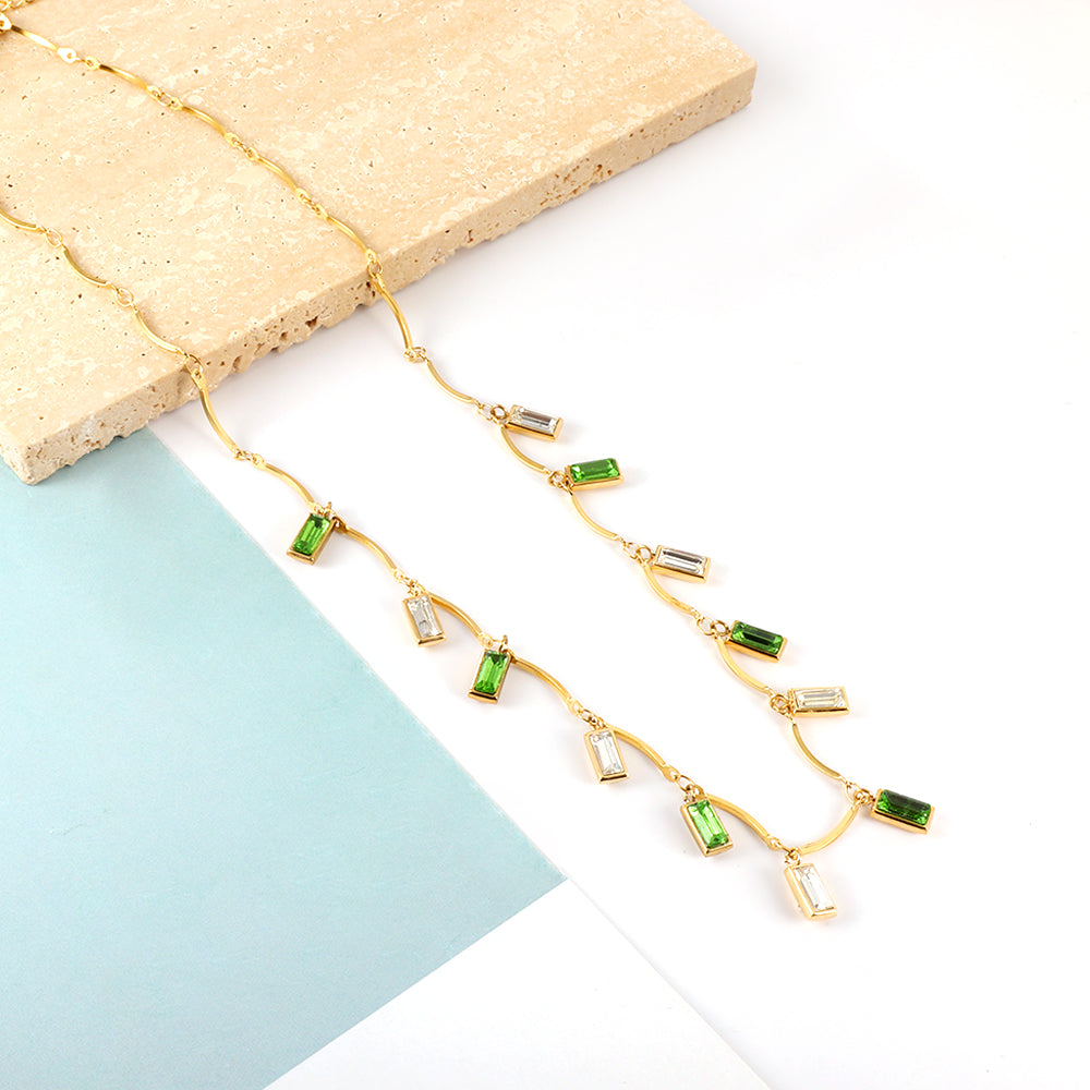 Wavy Vine Necklace with Green and Clear Baguette Crystals