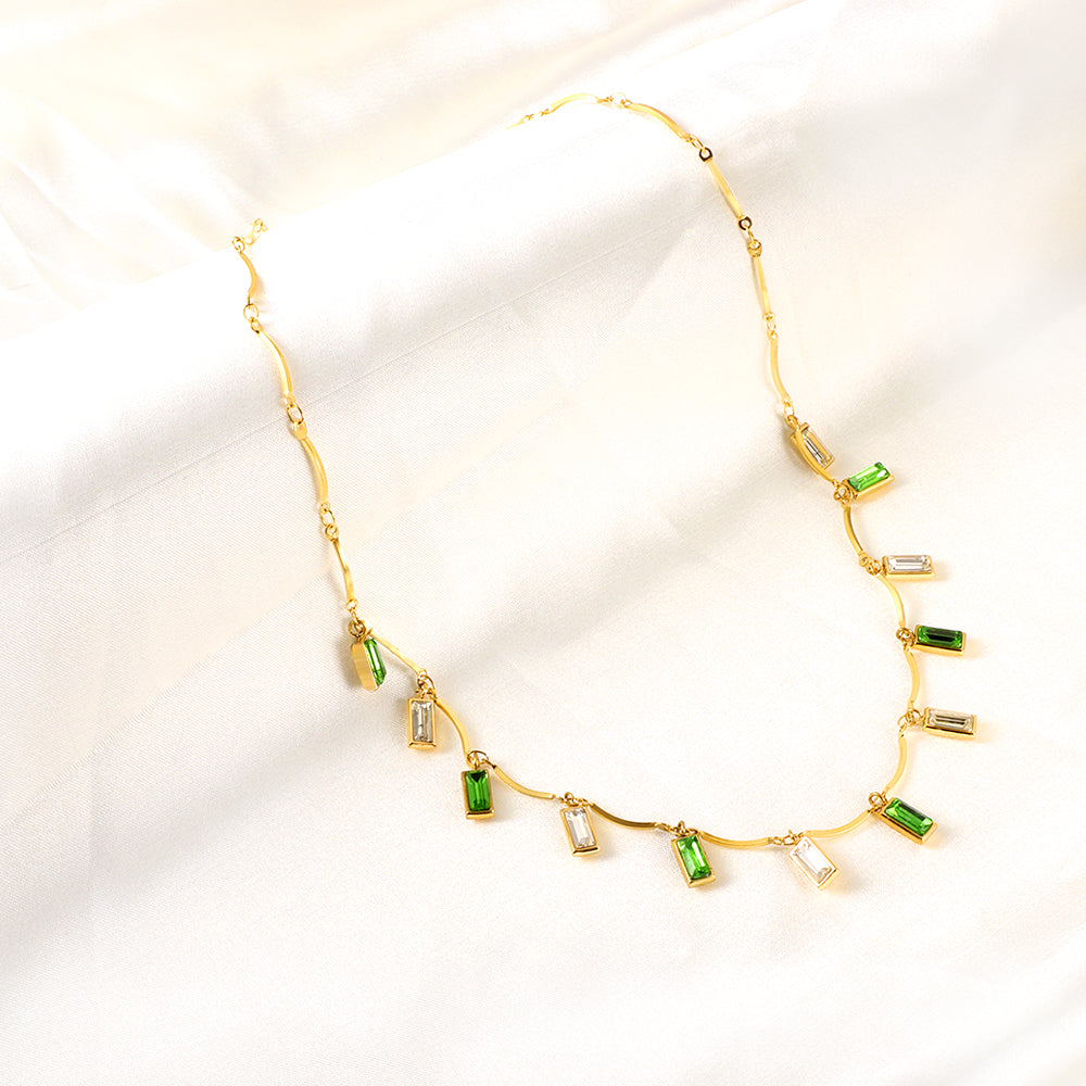 Wavy Vine Necklace with Green and Clear Baguette Crystals
