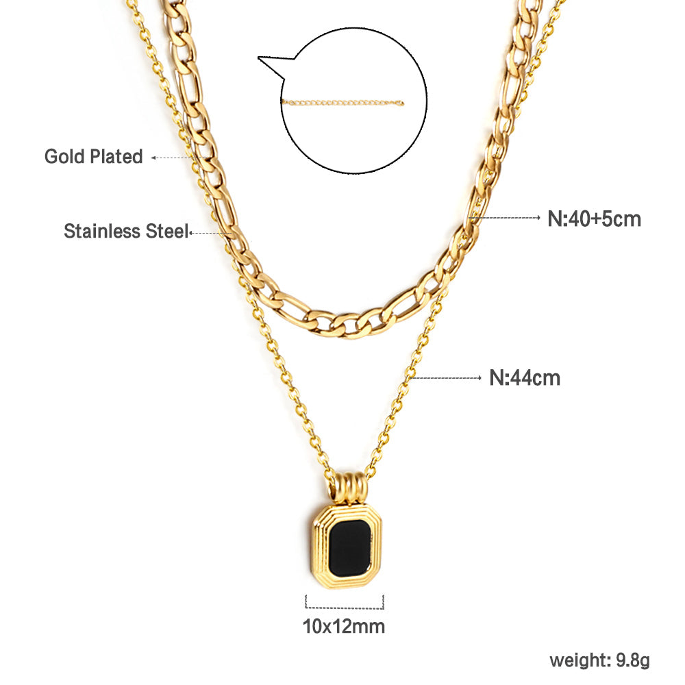 Layered Necklace with Black Enamel Signet Pendant