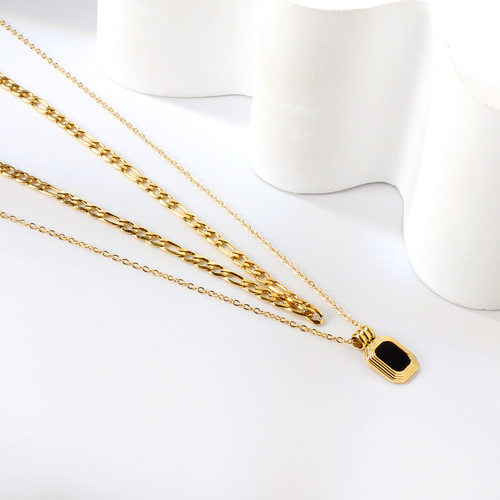 Layered Necklace with Black Enamel Signet Pendant