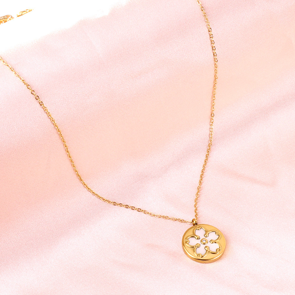 Floral Inlay Disc Pendant Necklace
