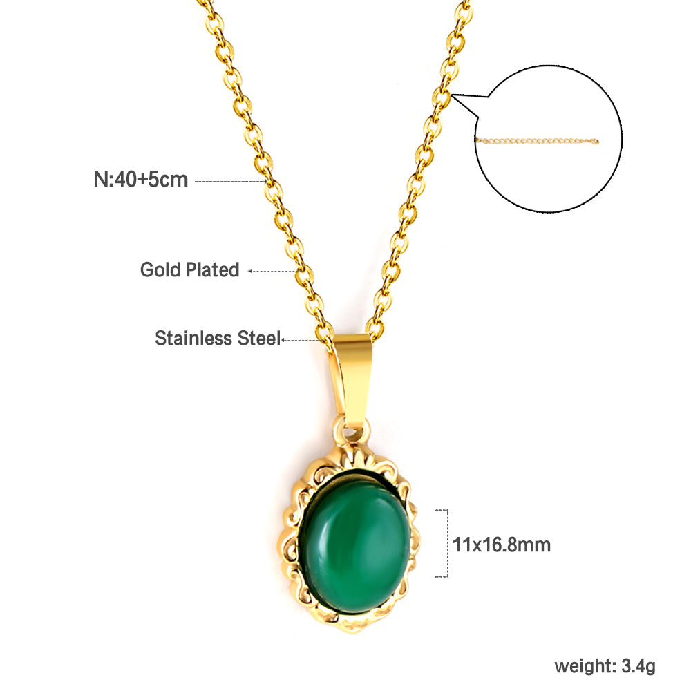 Oval Emerald Green Cabochon Pendant Necklace