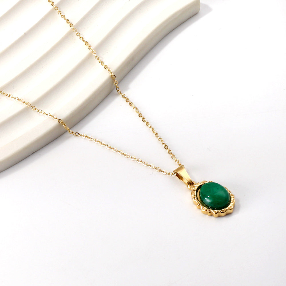 Oval Emerald Green Cabochon Pendant Necklace