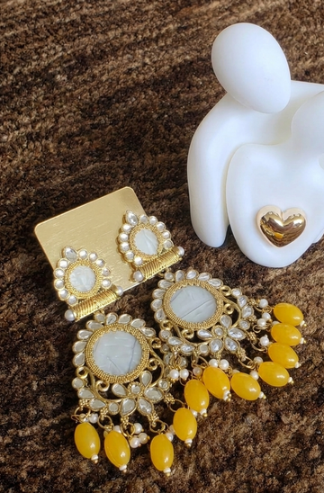 Exquisite Gold Kundan & Mother of Pearl Double Drop Earrings with Lemon (Yellow, Green, Pink) Bead Cascades