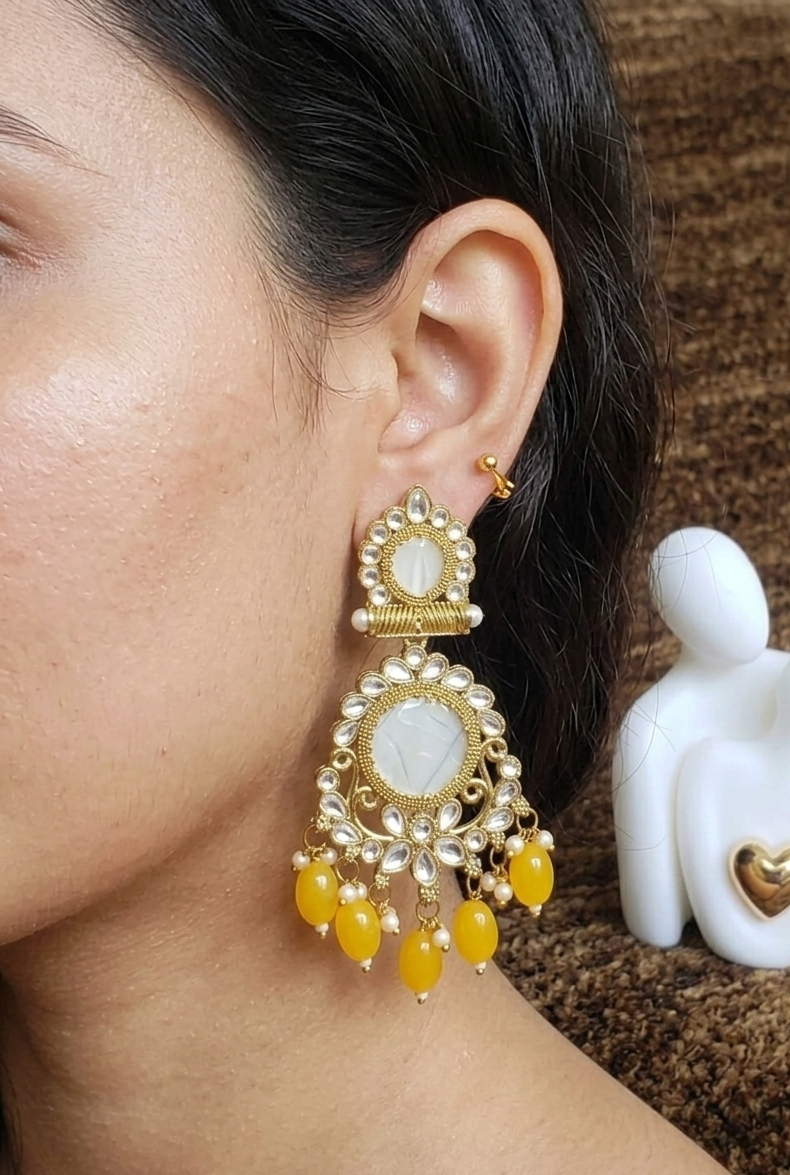 Exquisite Gold Kundan & Mother of Pearl Double Drop Earrings with Lemon (Yellow, Green, Pink) Bead Cascades