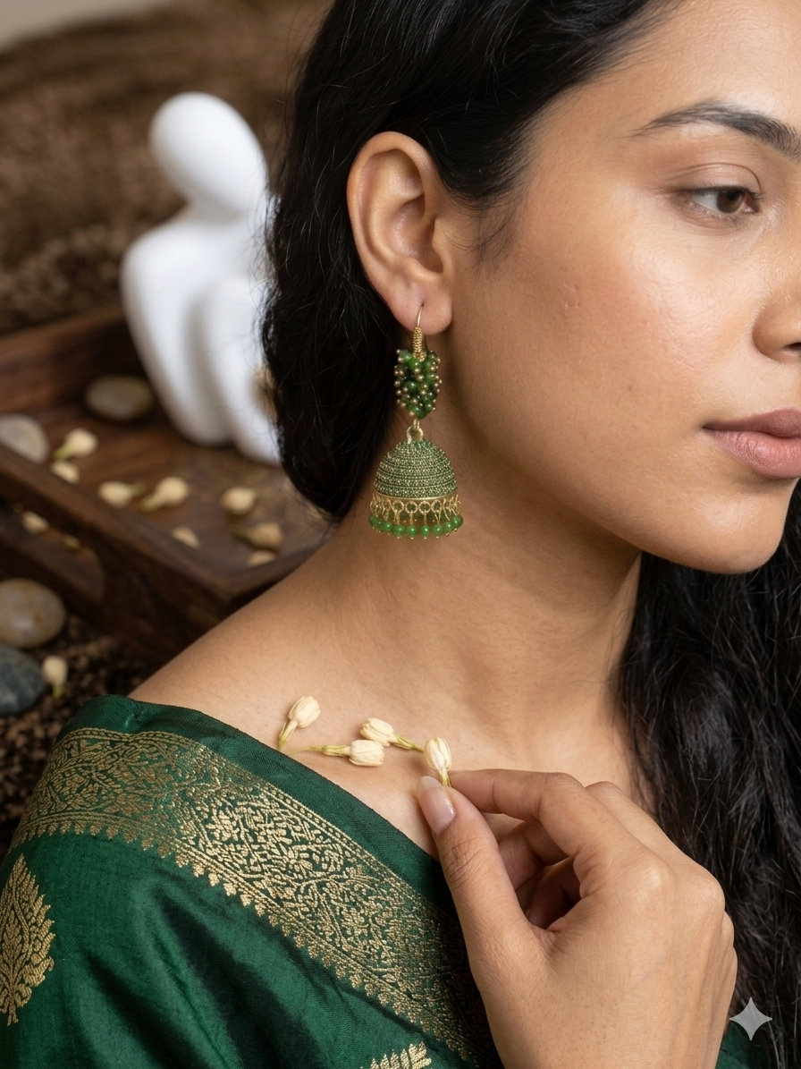 Antique Gold & Forest (Green, Pink, White) Beaded Jhumka Earrings