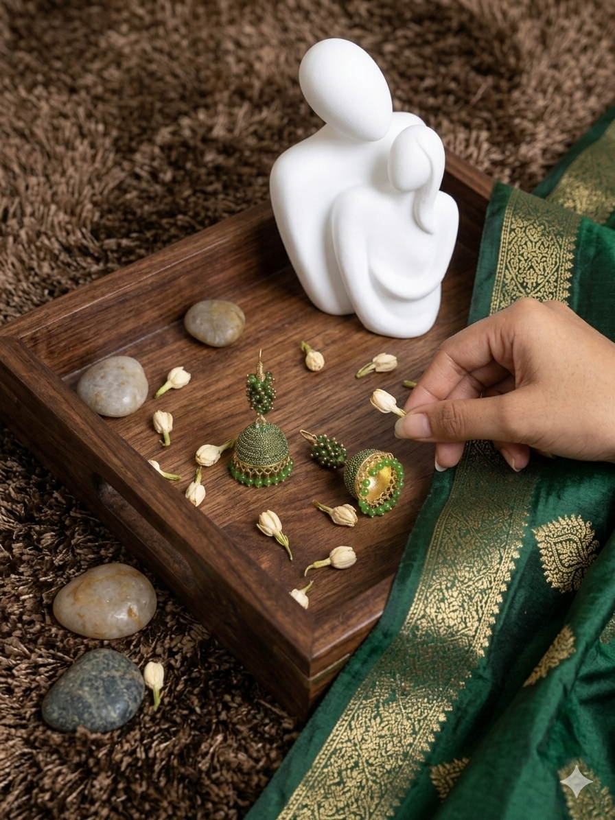 Antique Gold & Forest (Green, Pink, White) Beaded Jhumka Earrings