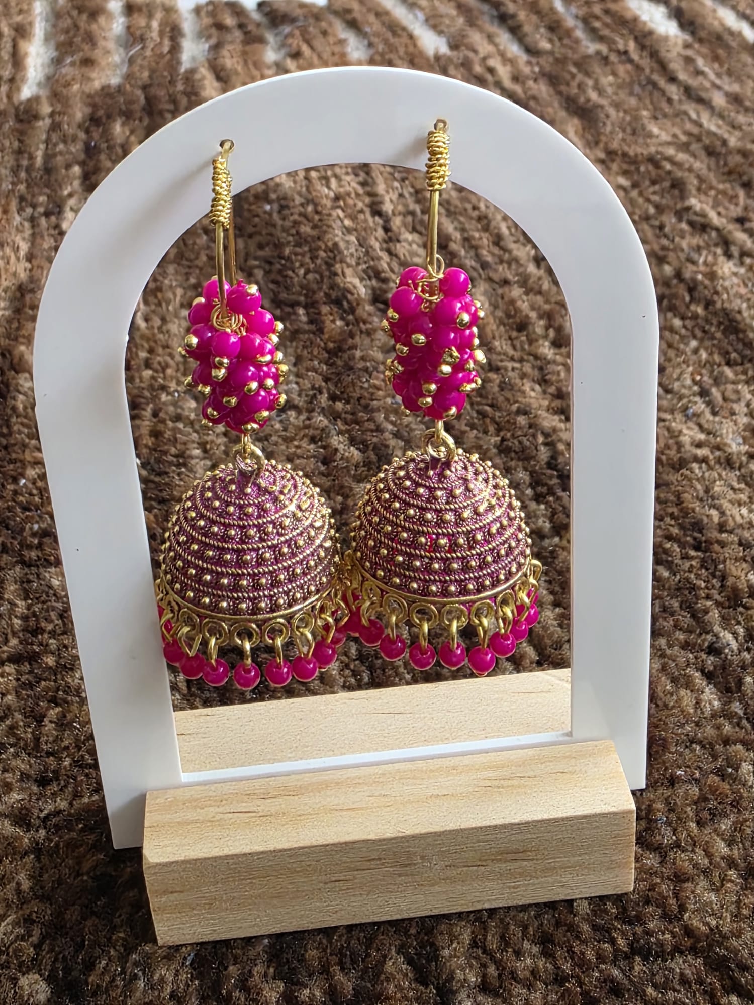 Antique Gold & Forest (Green, Pink, White) Beaded Jhumka Earrings