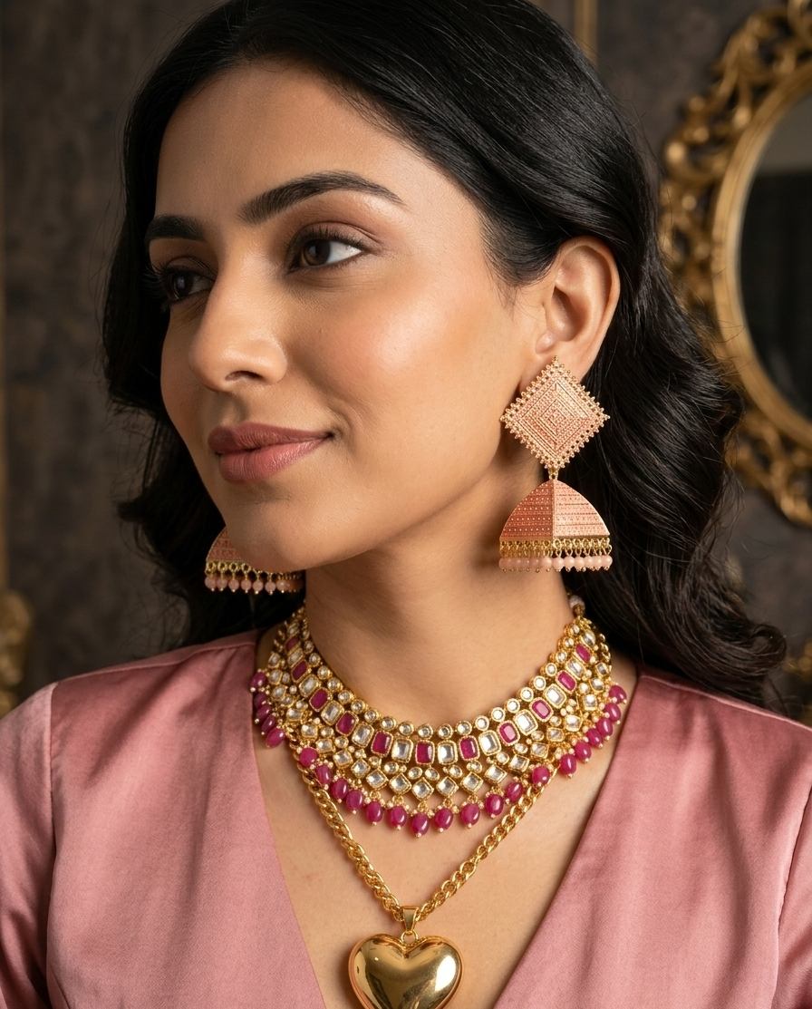 Art Deco Elegance: Intricate Diamond and Pyramid Jhumka Earrings