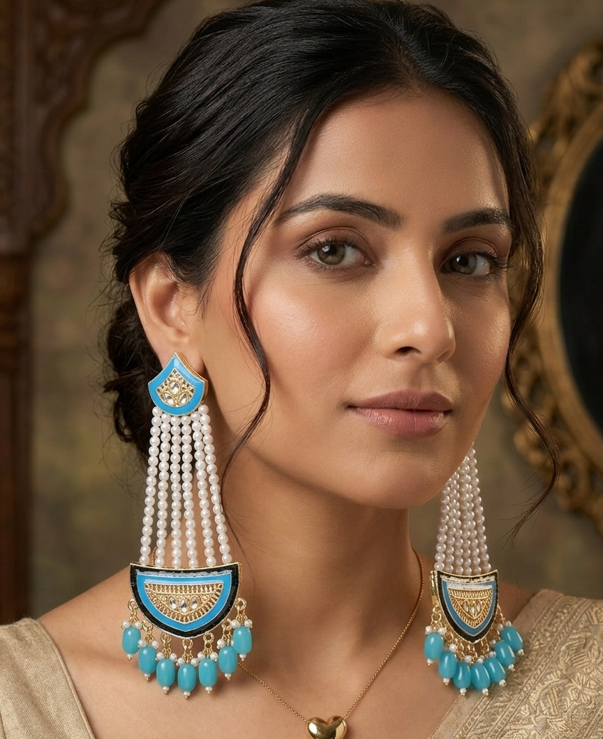 Azure Majesty: Exquisite Meenakari and Pearl Drop Long Earrings