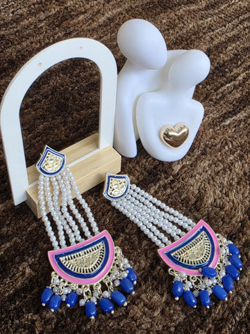 Azure Majesty: Exquisite Meenakari and Pearl Drop Long Earrings