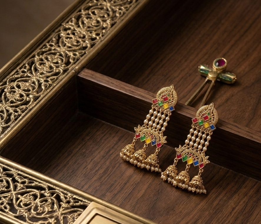 Long Multi-Color and Multi-Bell Gold Jhumka Earrings