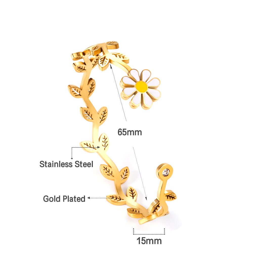 Gold Floral Vine Cuff Bracelet with Enamel Daisy and Crystal