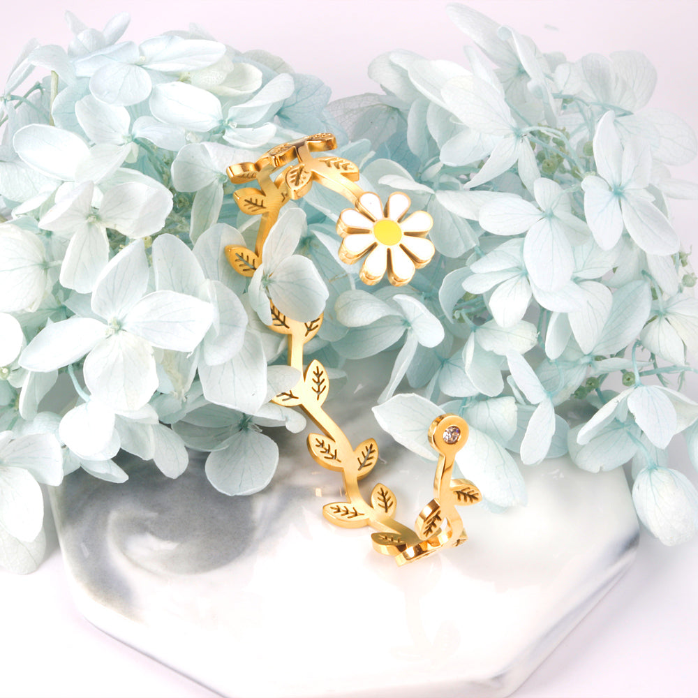 Gold Floral Vine Cuff Bracelet with Enamel Daisy and Crystal